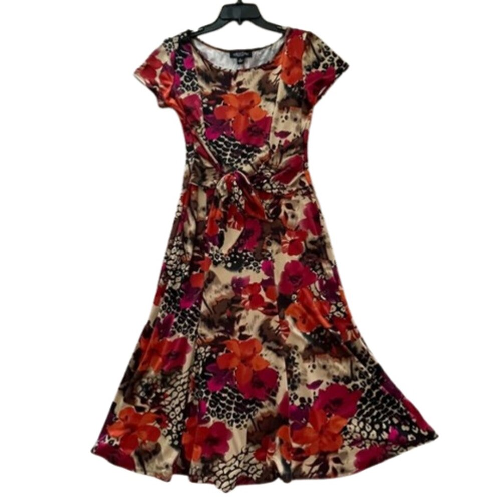 Perceptions Dark Floral A-Line Dress – Flowy Short Sleeve, Size M